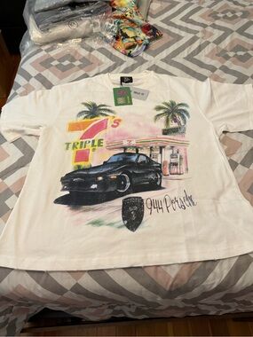 Triple 7 Vintage Style 944 Porsche Graphic Tee - White with Black Car & Palm Art